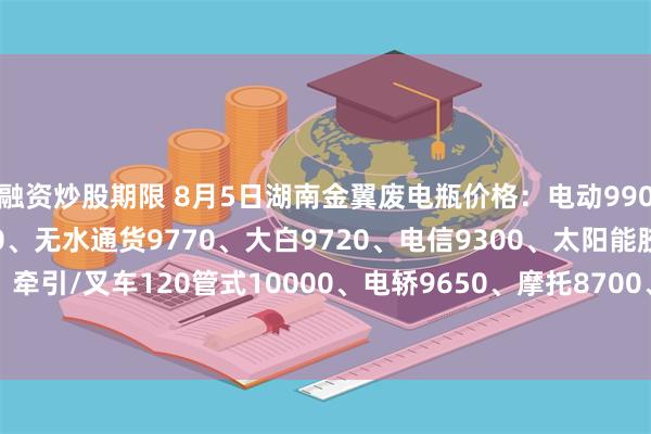 融资炒股期限 8月5日湖南金翼废电瓶价格：电动9900、汽车（黑皮）8650、无水通货9770、大白9720、电信9300、太阳能胶体8700、牵引/叉车120管式10000、电轿9650、摩托8700、扣水黑皮10120。（单位：元/吨）